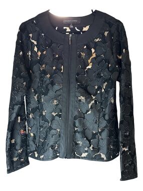 Colleen Lopez Black Floral Appliqué Zip Jacket